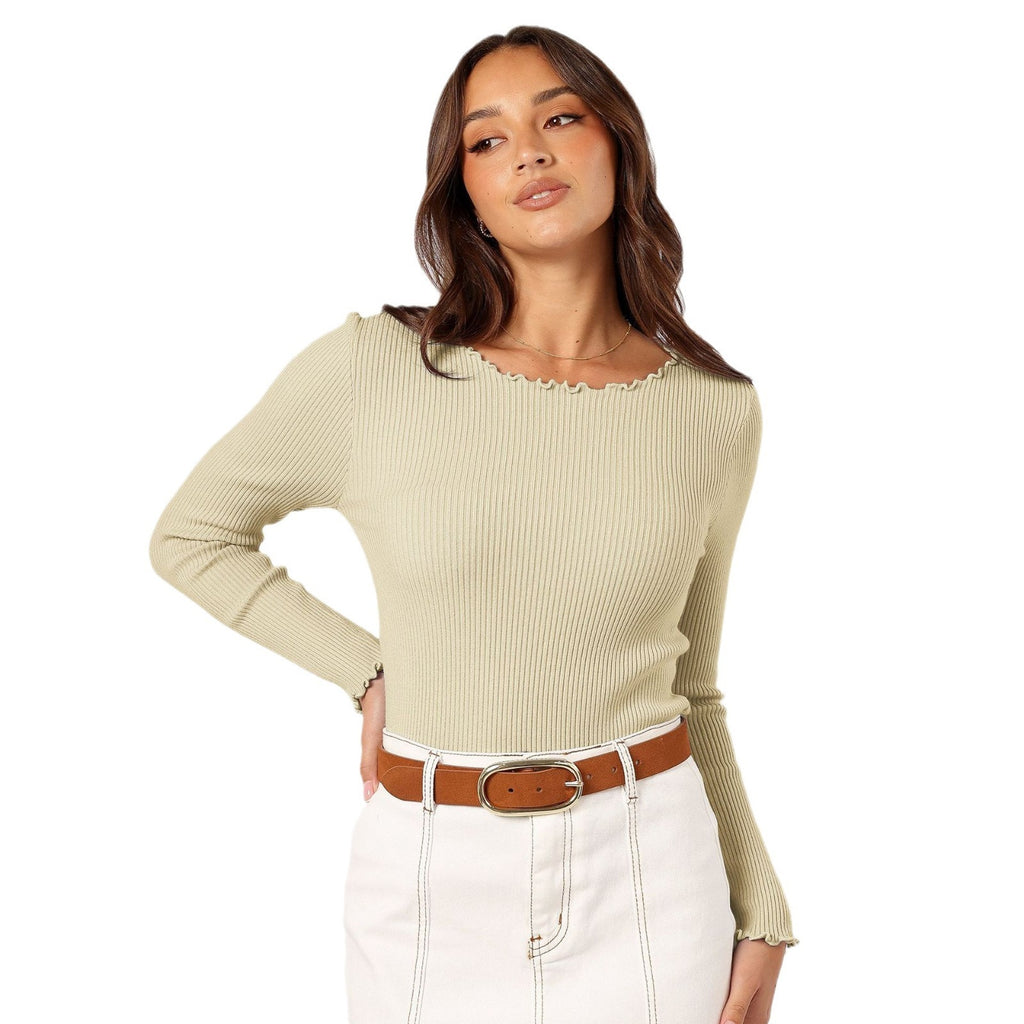 Ribbed Round Neck Slim-Fit Long Sleeve Top