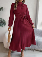 Women’s Long-Sleeve Pleated Midi Dress With Belted Waist