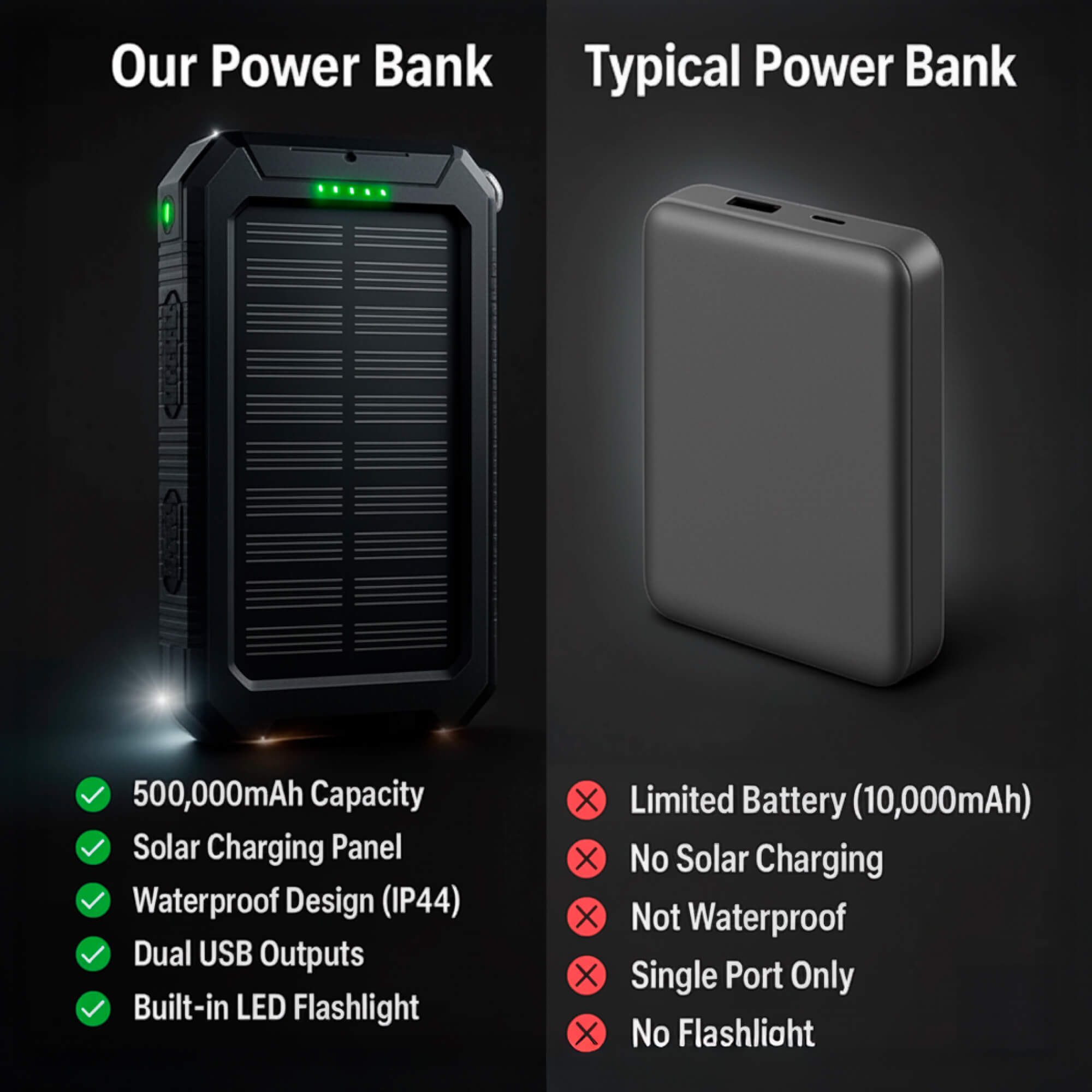 500.000mAh Solar Charger Waterproof Power Bank External