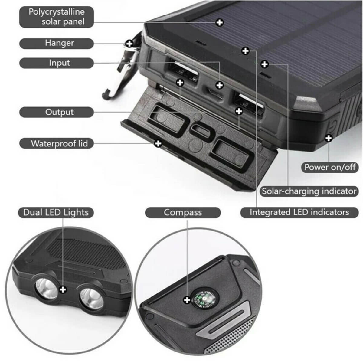 20000mAh Waterproof Solar Power Bank - Portable External Charger