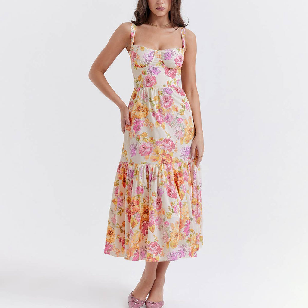 One-Shoulder Floral Lace Pleated Midi Dress