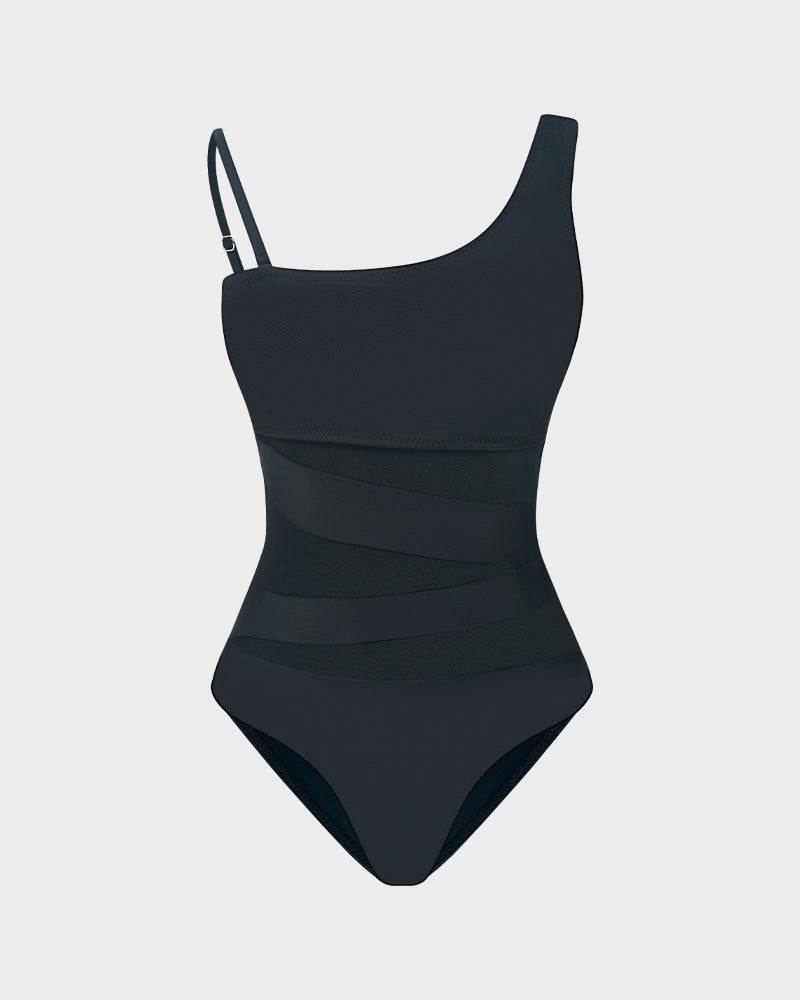 Women’s One-Shoulder Mesh One-Piece Swimsuit