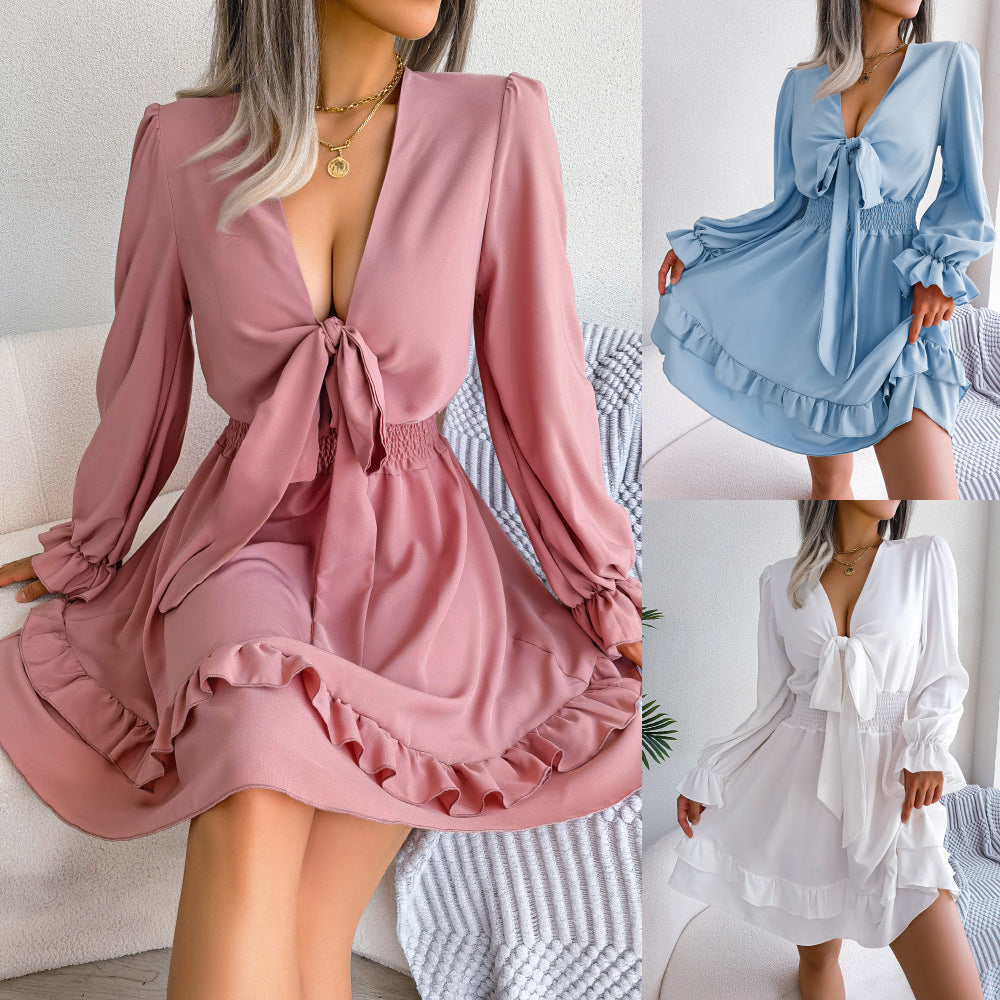 Solid Color V-Neck Lace-Up Dress