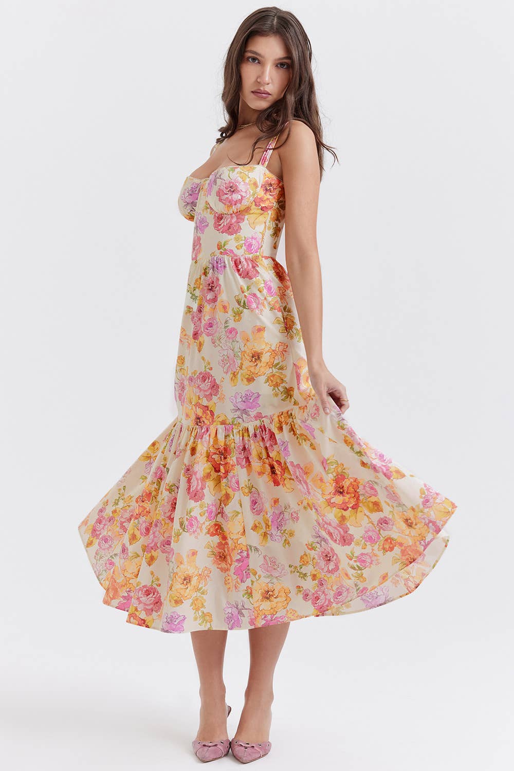 One-Shoulder Floral Lace Pleated Midi Dress