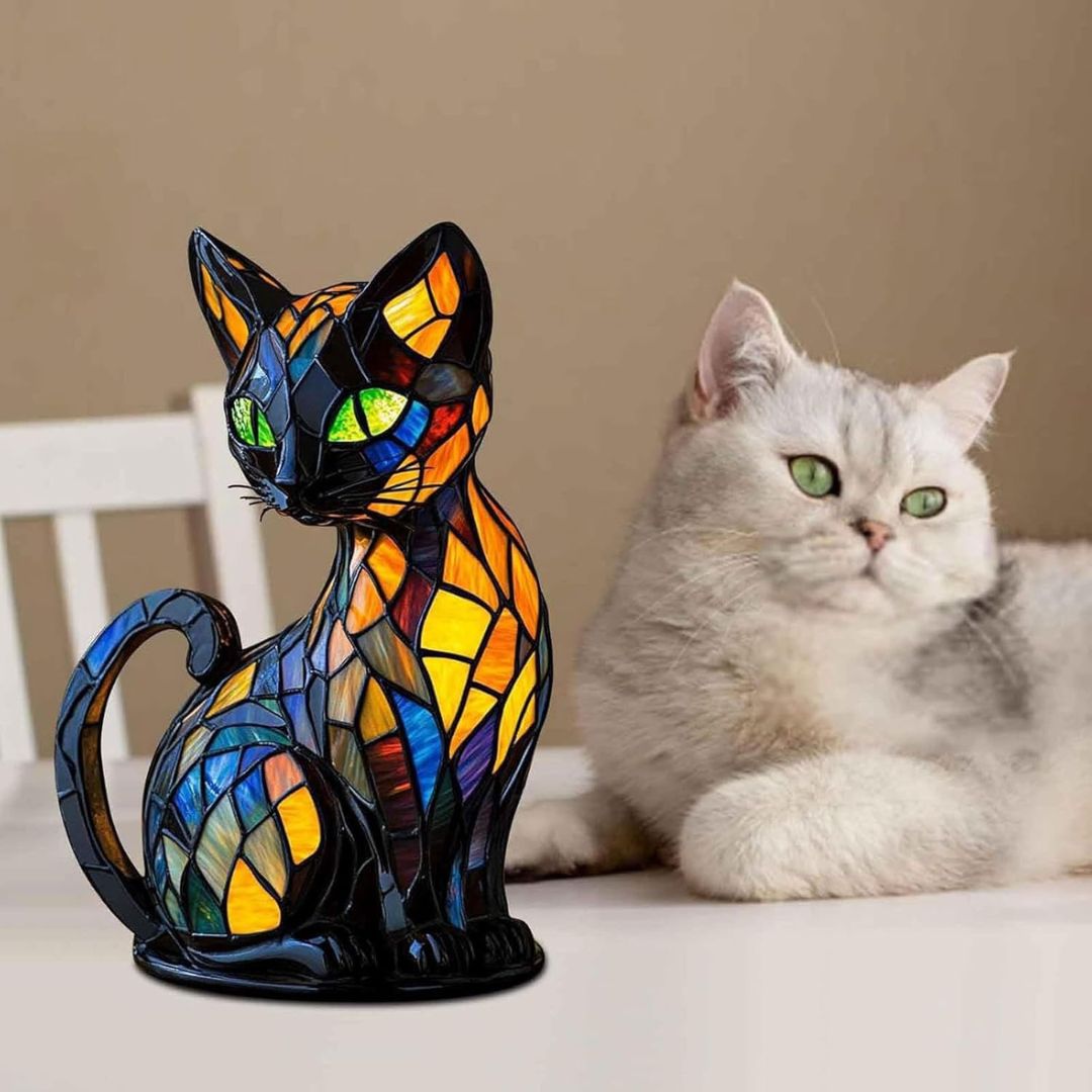Handcrafted Stained Glass Cat Lamp Decorative LED Night Light Home Decor Gift