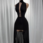 One-Shoulder Black Tulle Long Dress with Tie Details & Elegant Fit – Harley
