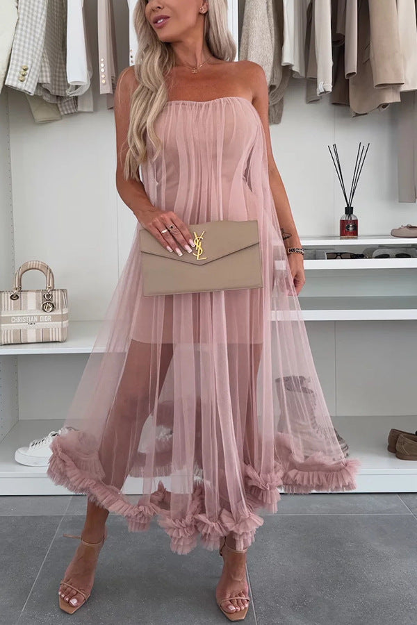 Strapless Mesh Overlay Midi Dress