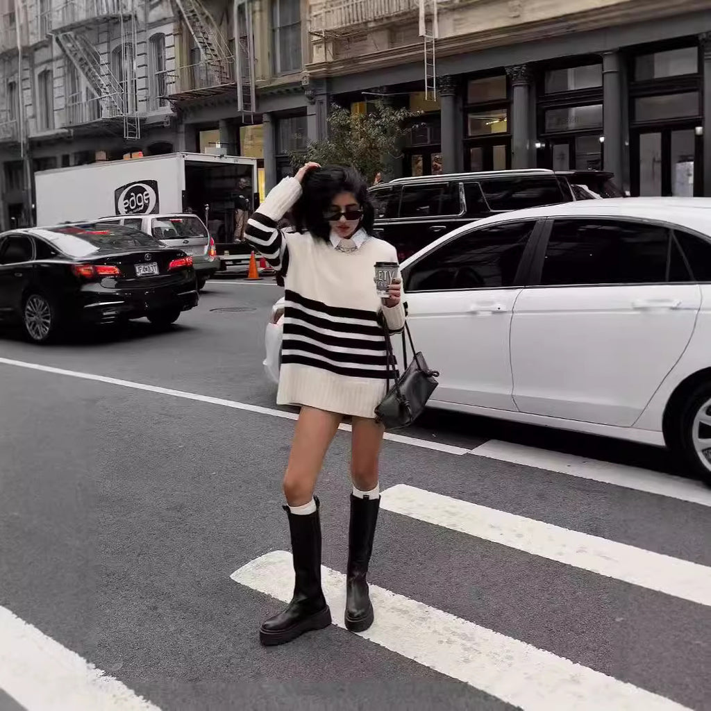 Black & White Striped Turtleneck Knit Sweater