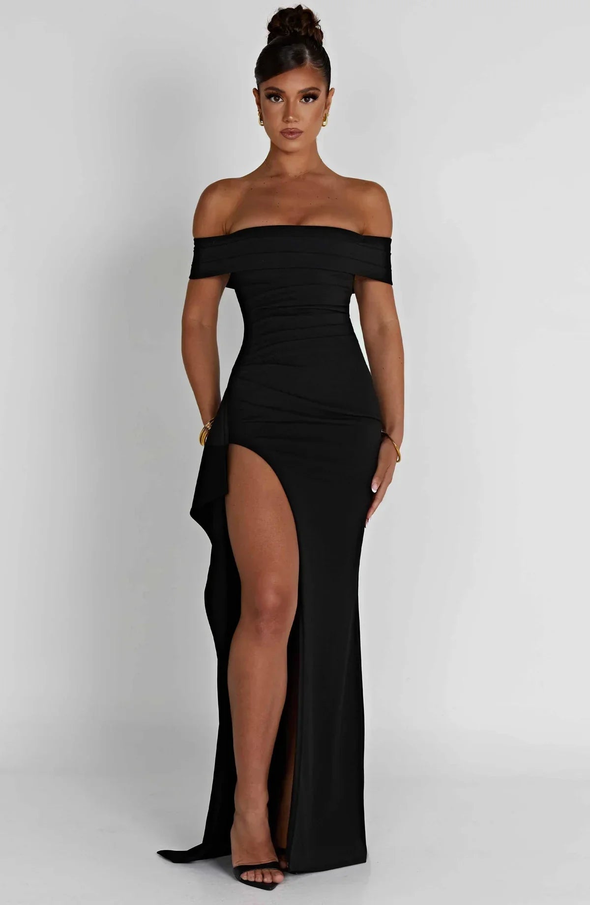 Off-the-Shoulder Maxi Dress with Side Slit & Elegant Silhouette – July