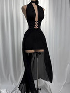 One-Shoulder Black Tulle Long Dress with Tie Details & Elegant Fit – Harley