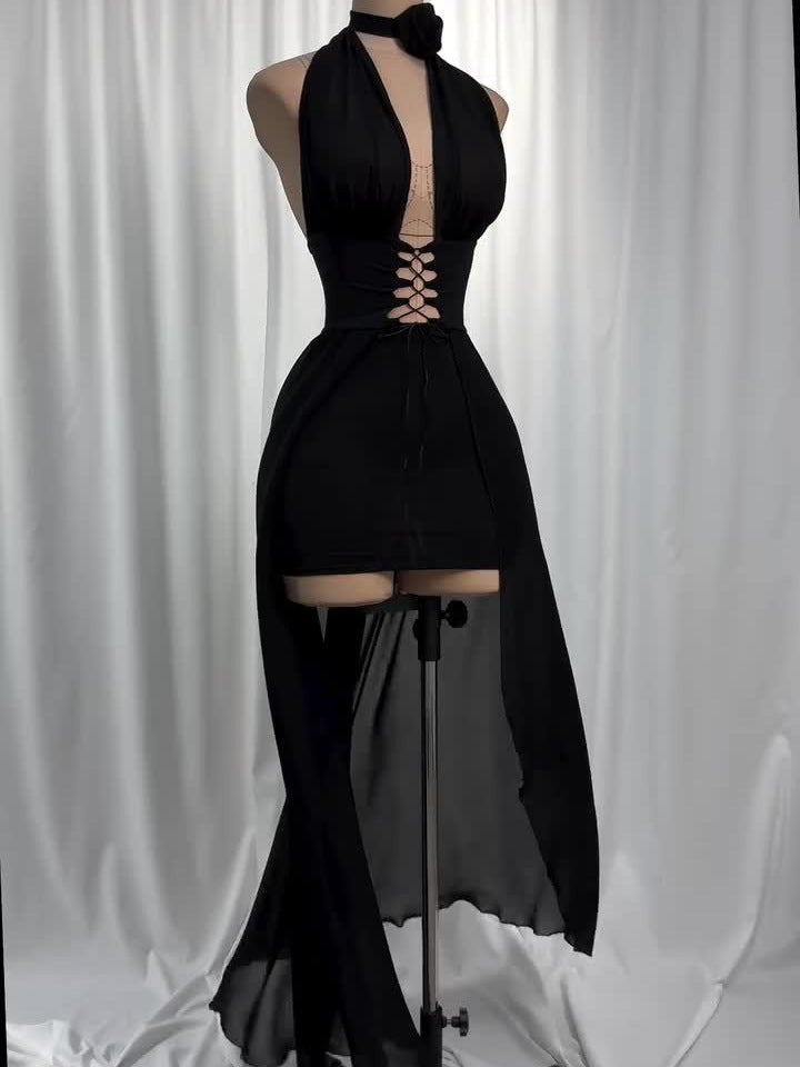 One-Shoulder Black Tulle Long Dress with Tie Details & Elegant Fit – Harley