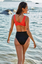 Women’s Two-Tone One-Piece Swimsuit with Deep V Neck and Cut-Out Design