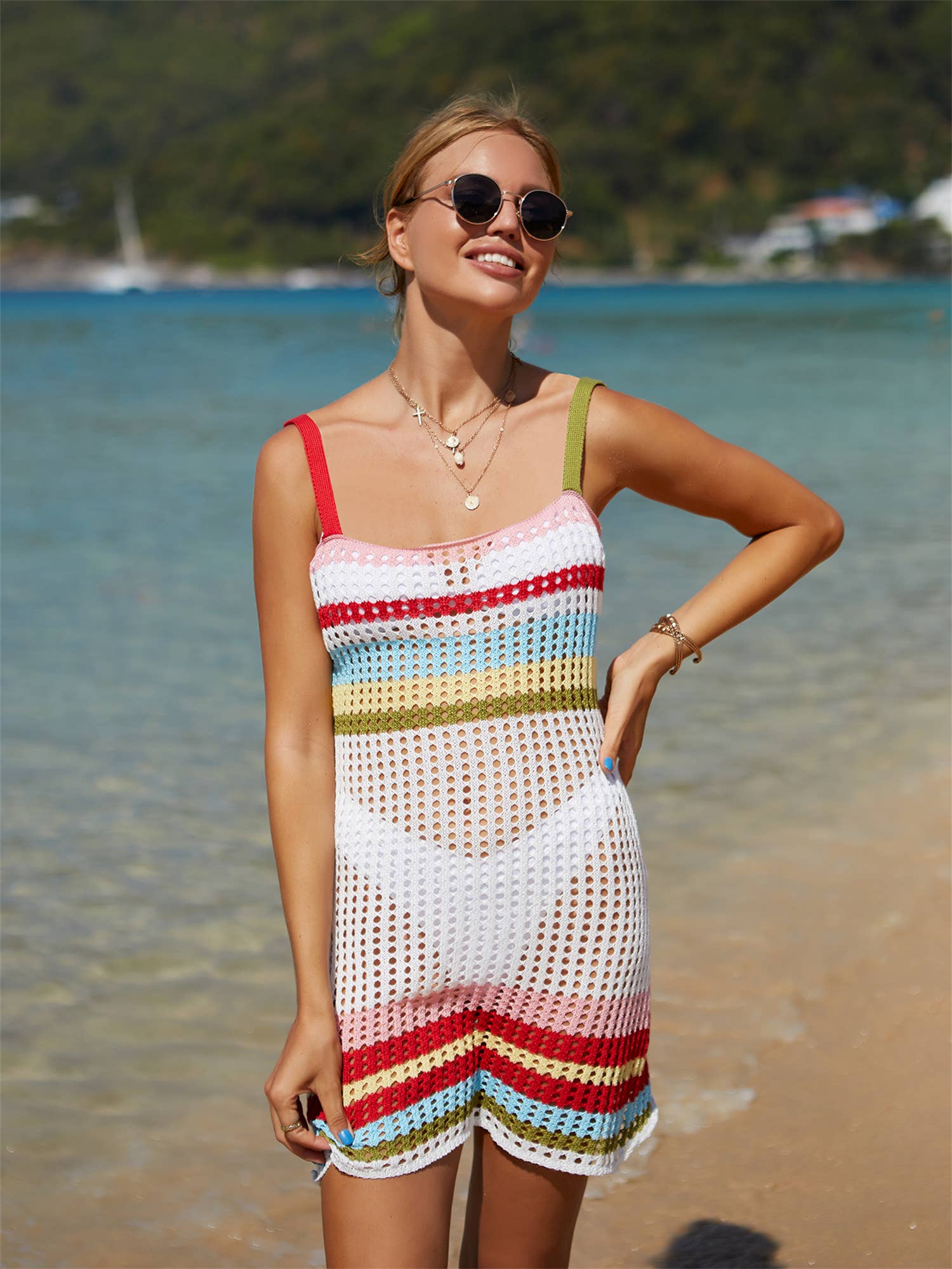 Women’s Crochet Halter Cover Up Dress – Color Block Beachwear | Dripiume