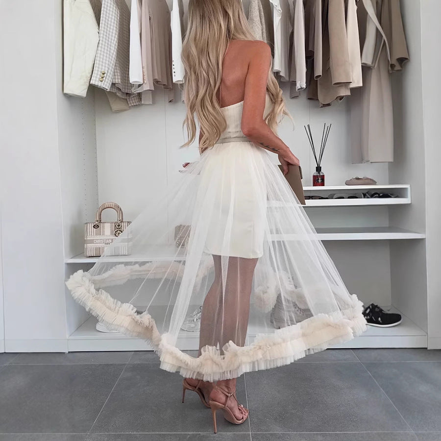 Strapless Mesh Overlay Midi Dress