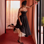 Women's Pink Midi Dress - Bustier Style and Voluminous Skirt