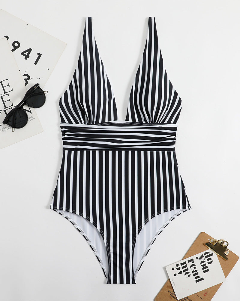 Women’s Striped Plunge One-Piece Swimsuit