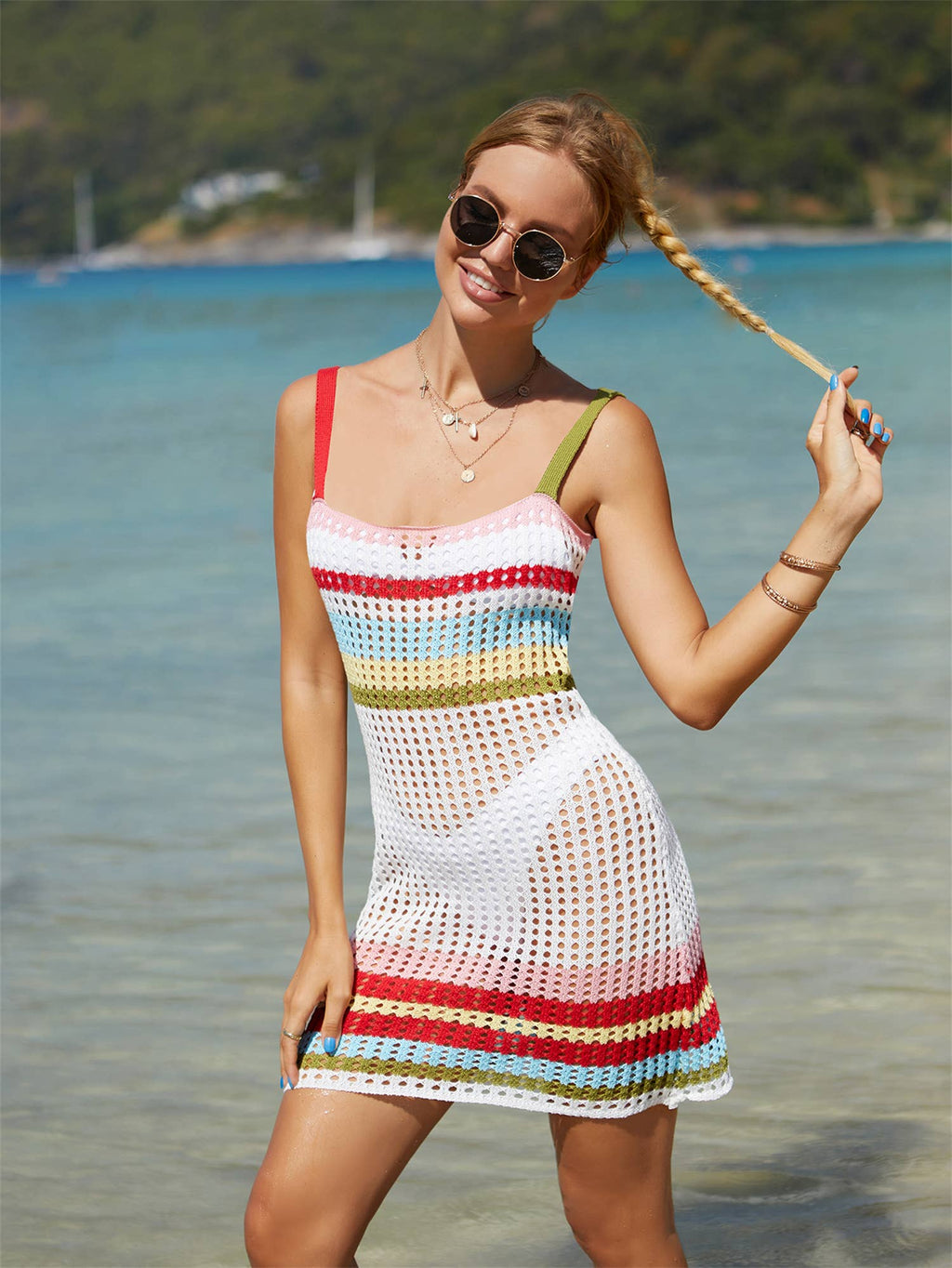 Women’s Crochet Halter Cover Up Dress – Color Block Beachwear | Dripiume