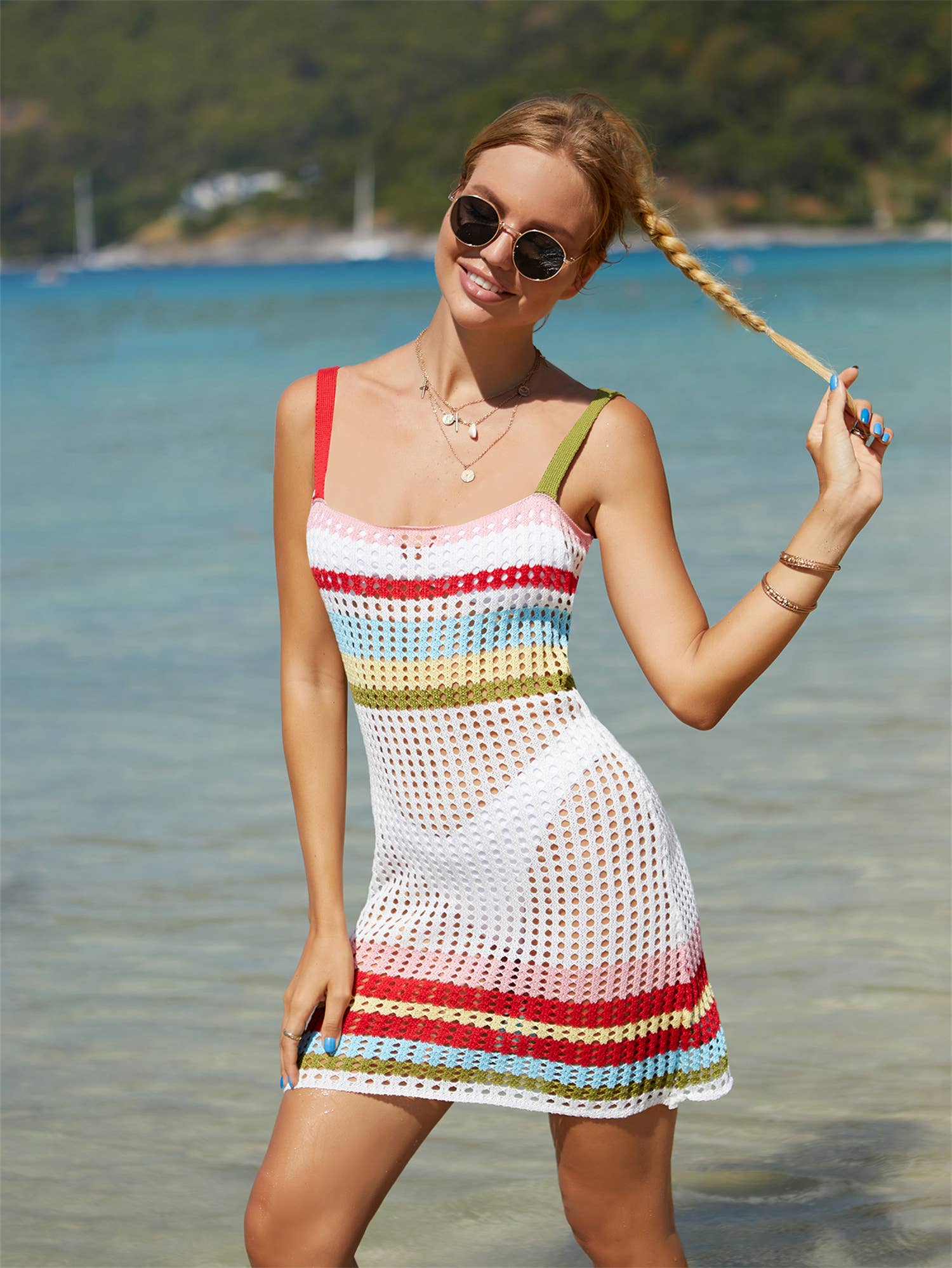 Women’s Crochet Halter Cover Up Dress – Color Block Beachwear | Dripiume