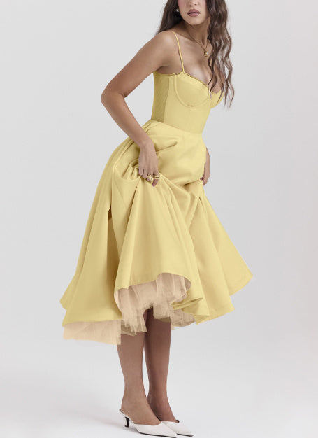 Women's Long Pink Dress - Bustier Style and Voluminous Skirt