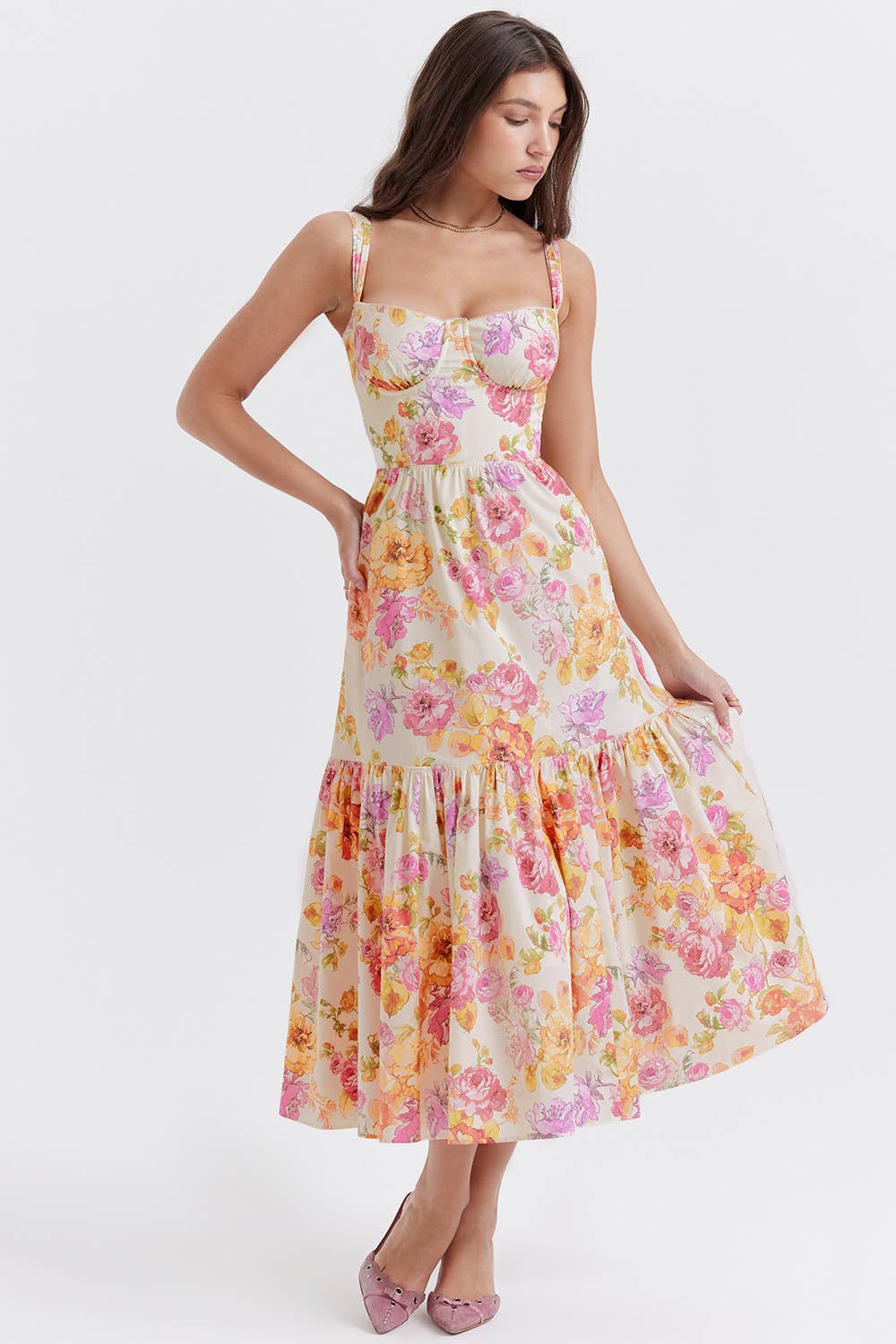 One-Shoulder Floral Lace Pleated Midi Dress