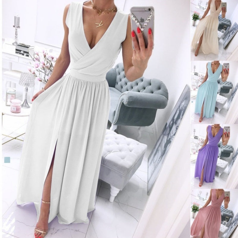 Elegant White V-Neck Maxi Dress with Front Slit