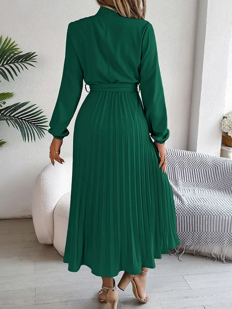 Women’s Long-Sleeve Pleated Midi Dress With Belted Waist