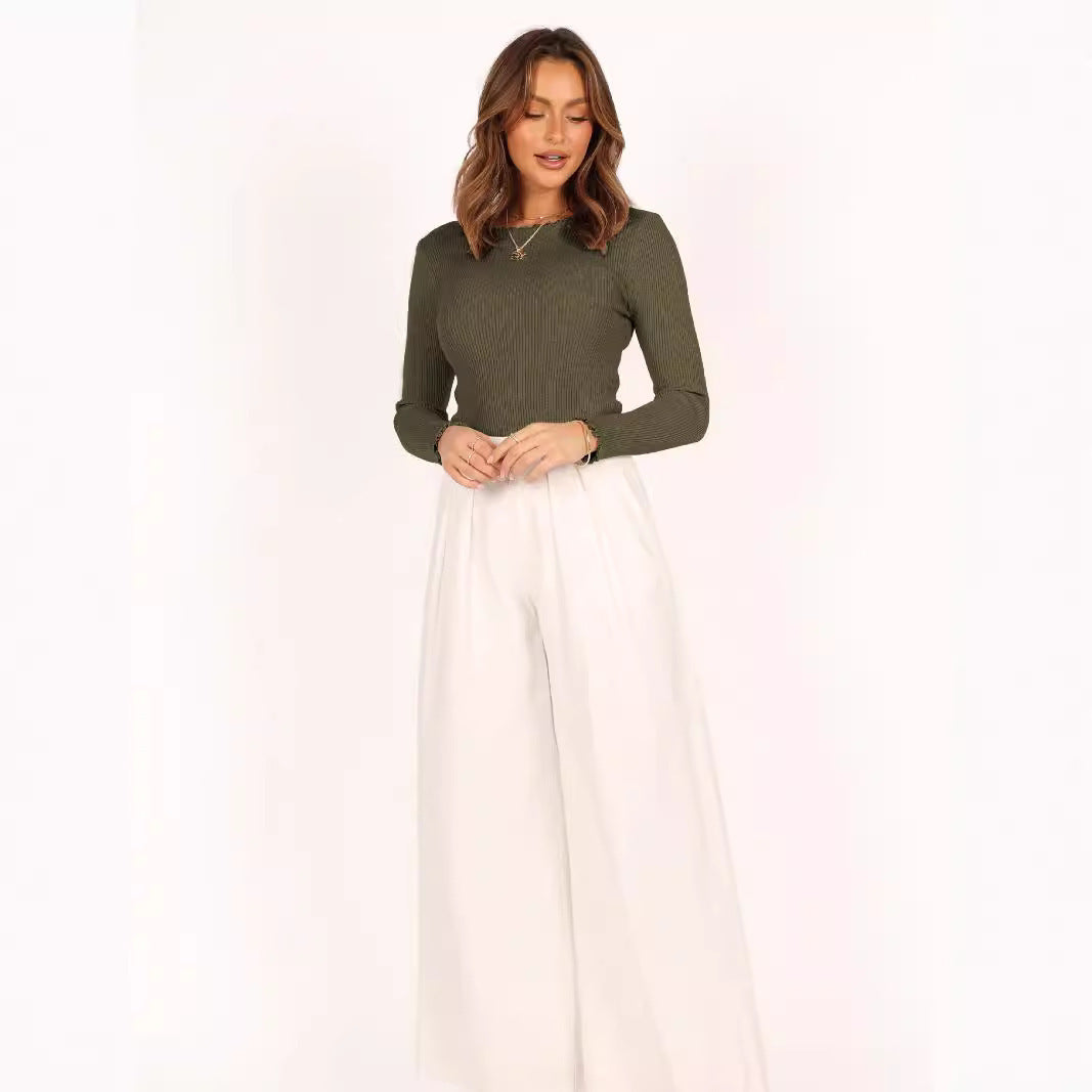 Ribbed Round Neck Slim-Fit Long Sleeve Top