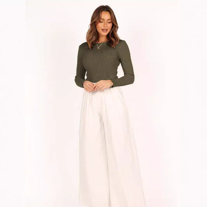 Ribbed Round Neck Slim-Fit Long Sleeve Top