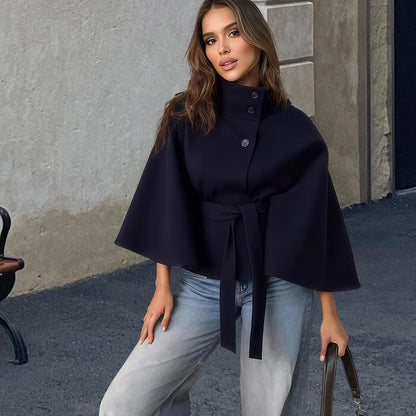 Elegant Belted Woolen Cape Jacket