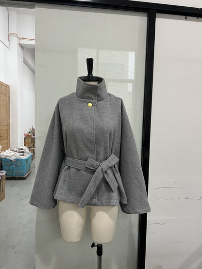 Elegant Belted Woolen Cape Jacket