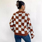 Checkerboard Color-Block Loose Knit Sweater