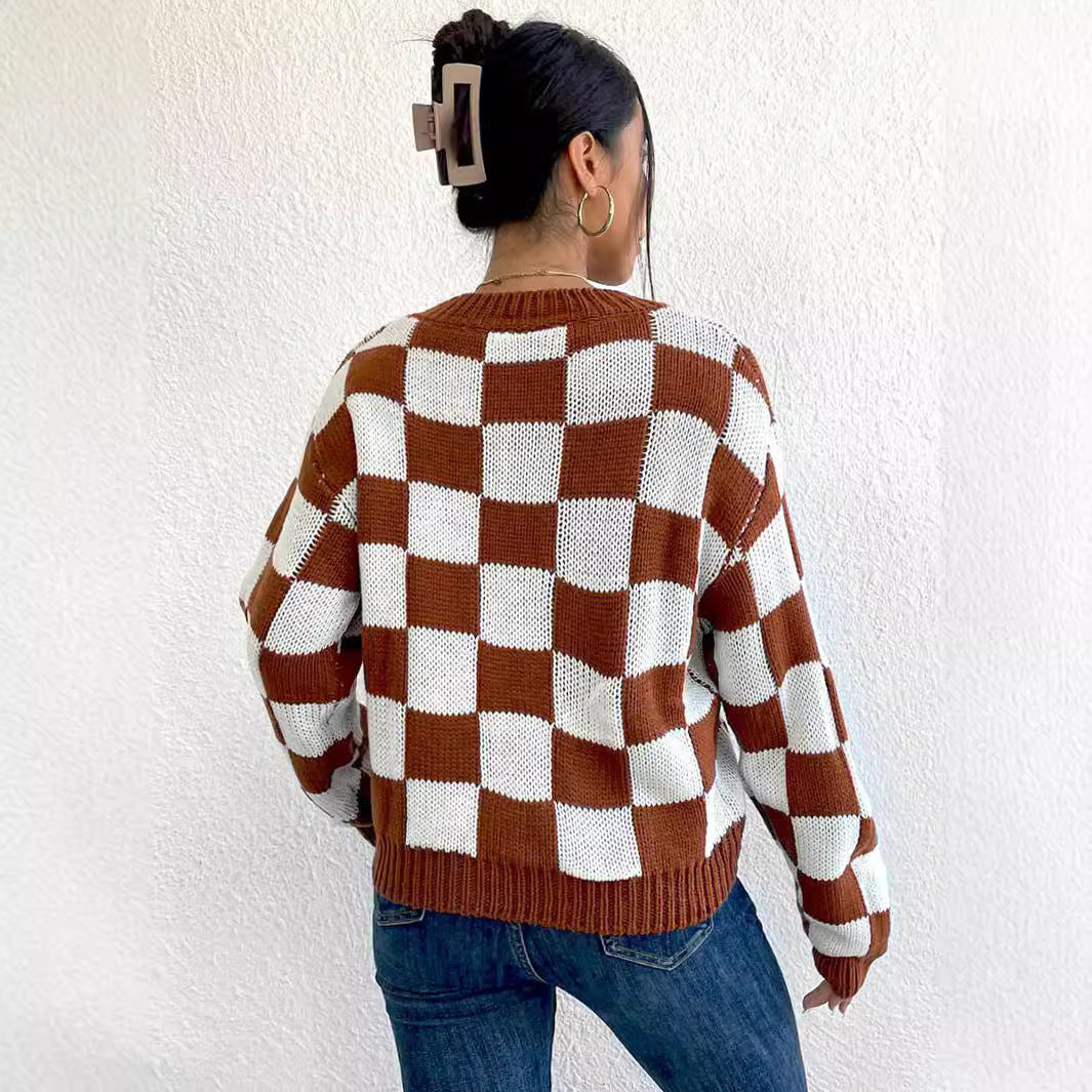 Checkerboard Color-Block Loose Knit Sweater