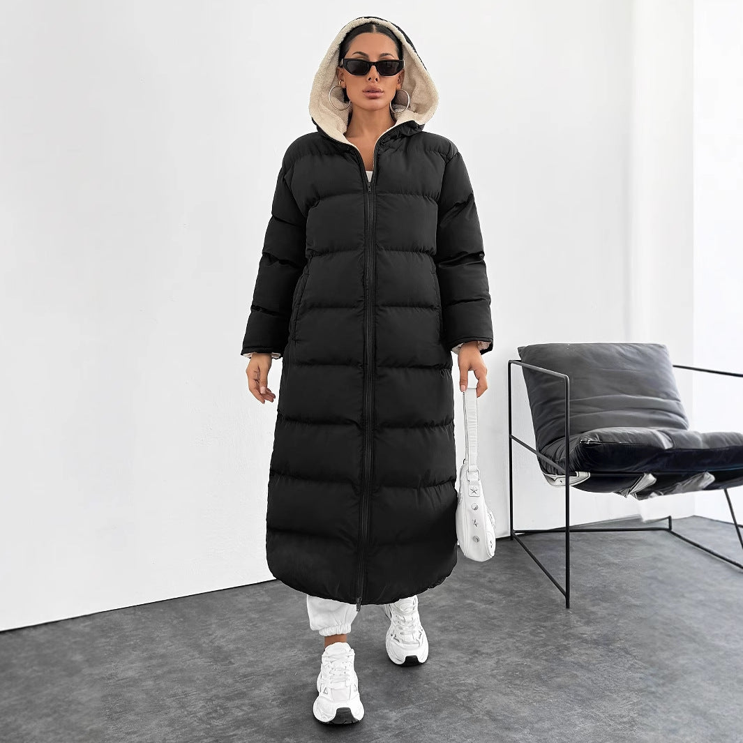 long puffer coat with a hood