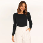 Ribbed Round Neck Slim-Fit Long Sleeve Top