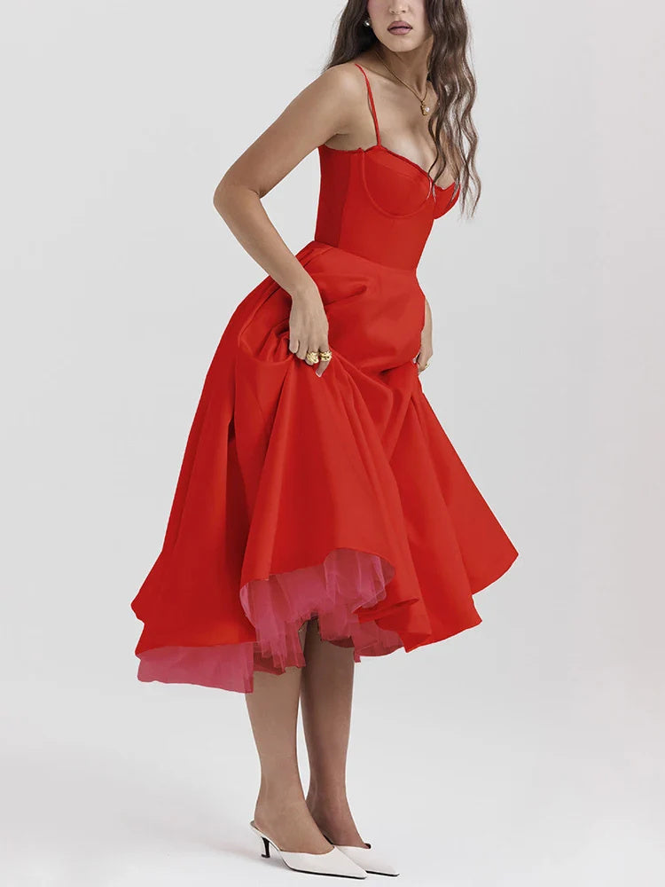 Women's Long Pink Dress - Bustier Style and Voluminous Skirt