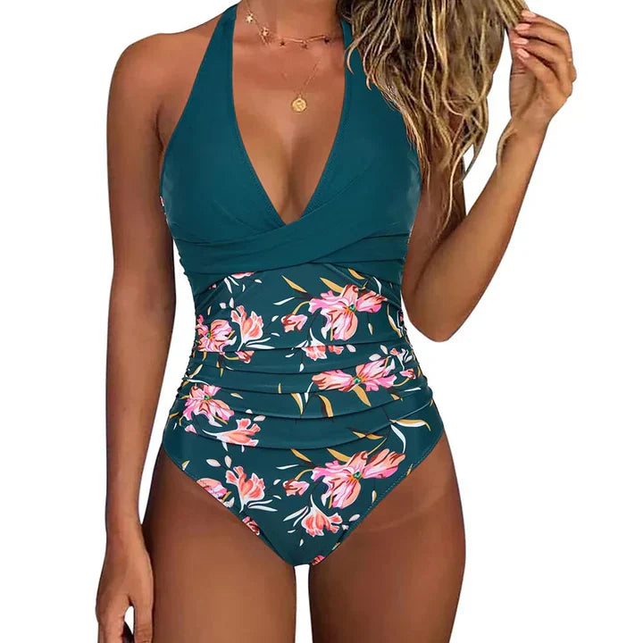 Women’s Halter Neck One-Piece Swimsuit with Sculpting Fit and Tummy Control