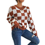 Checkerboard Color-Block Loose Knit Sweater