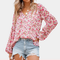 Sophie™ Women’s Floral Blouse – V-Neck Long Sleeve Loose Fit | Dripiume