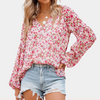 Sophie™ Women’s Floral Blouse – V-Neck Long Sleeve Loose Fit | Dripiume