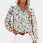 Sophie™ Women’s Floral Blouse – V-Neck Long Sleeve Loose Fit | Dripiume