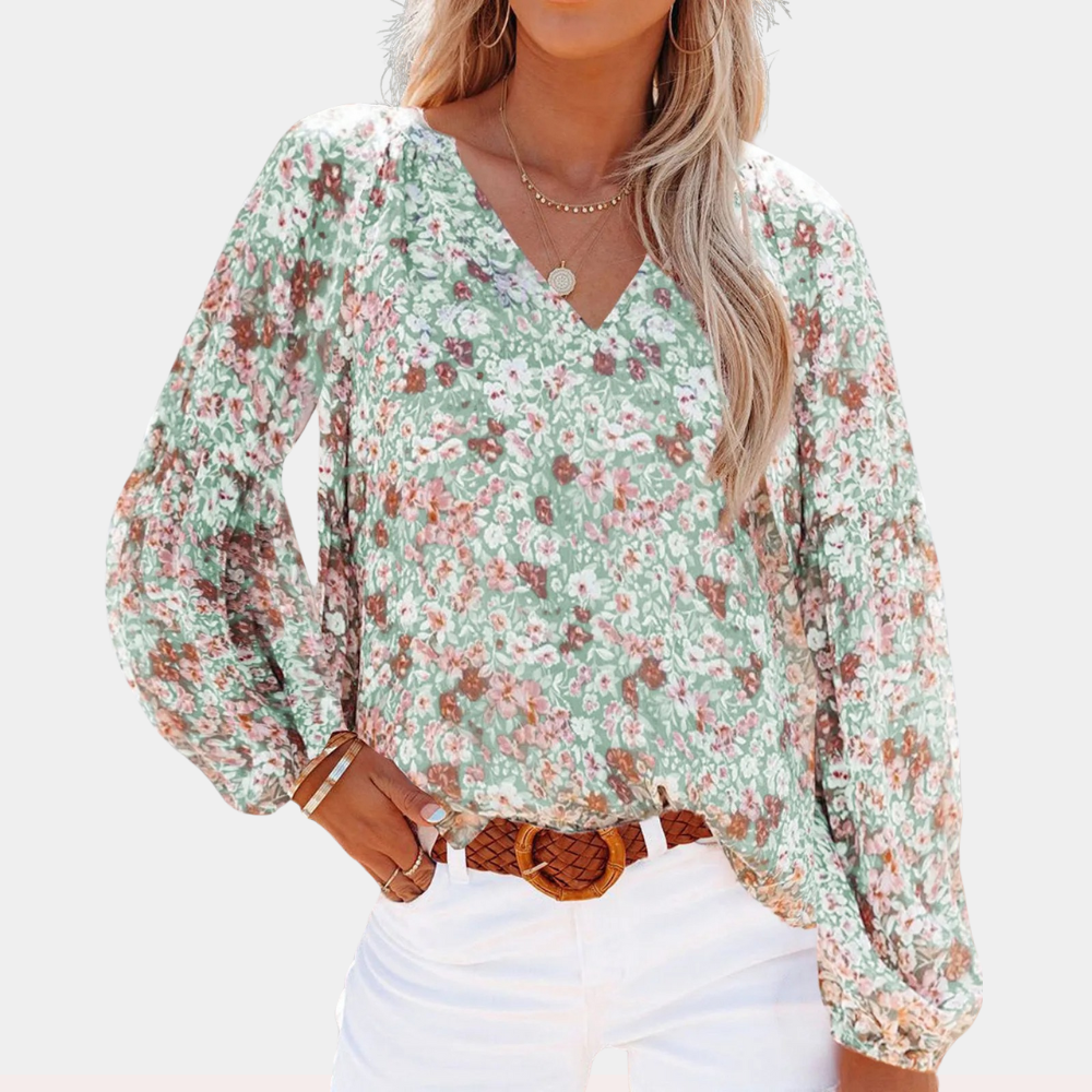 Sophie™ Women’s Floral Blouse – V-Neck Long Sleeve Loose Fit | Dripiume