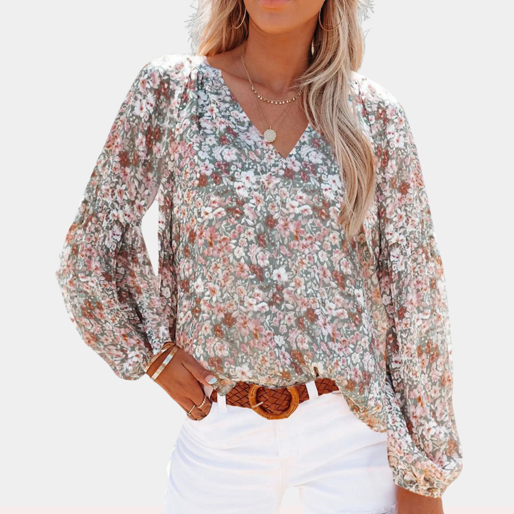 Sophie™ Women’s Floral Blouse – V-Neck Long Sleeve Loose Fit | Dripiume