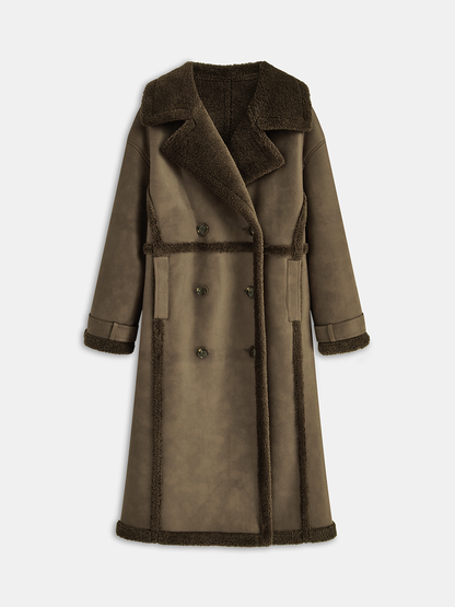 Double-Breasted Fleece Lined Faux Leather Longline Coat