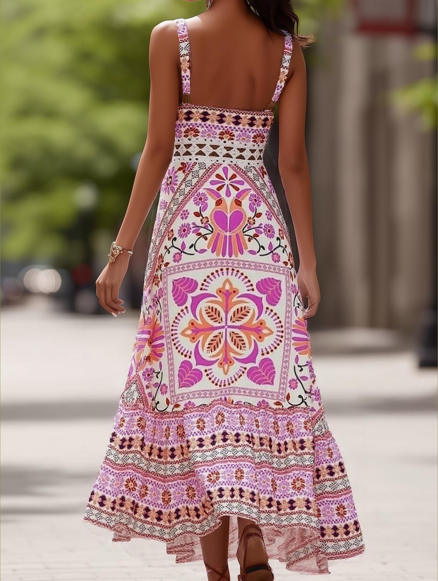 Cercal Bohemian Tropical Print Strappy Long Dress - Perfect for Summer Vacations