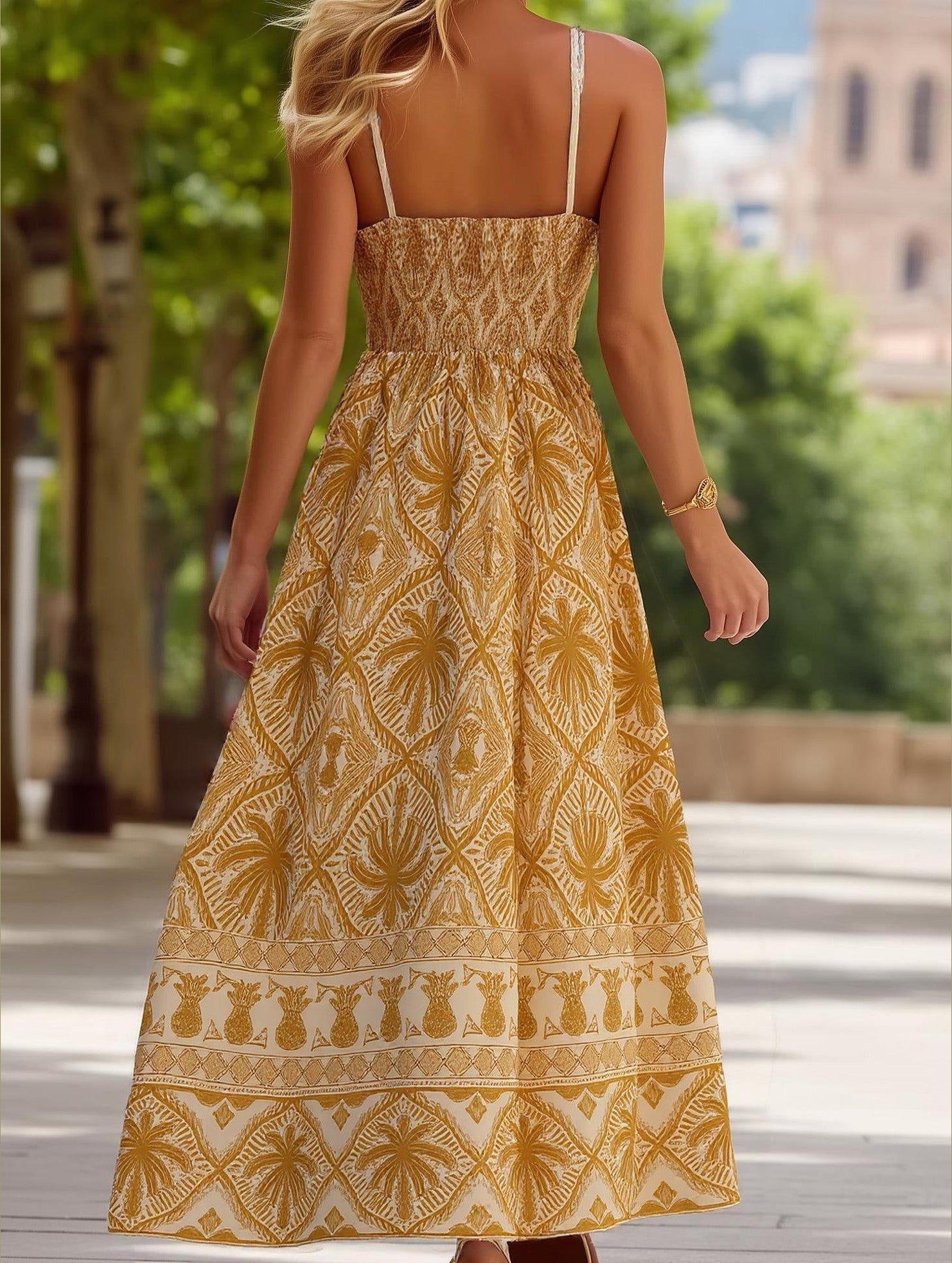 Cascais Bohemia Tropical Palm Strappy Summer Long Dress - Lightweight and Breezy