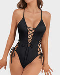 High Cut Lace-Up Swimsuit with Deep V Plunge Neckline
