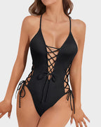 High Cut Lace-Up Swimsuit with Deep V Plunge Neckline