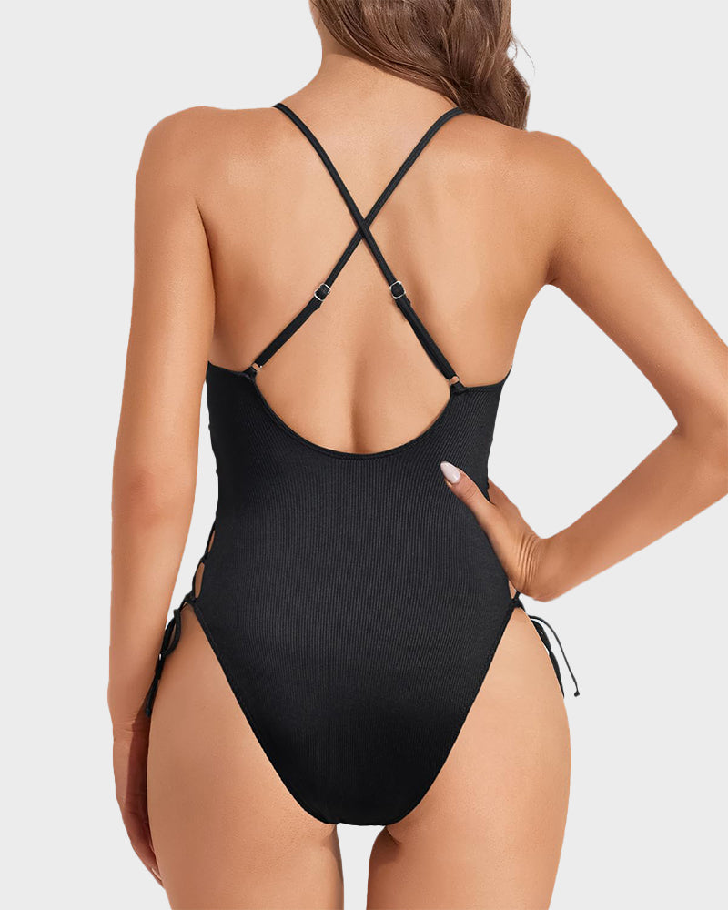 High Cut Lace-Up Swimsuit with Deep V Plunge Neckline