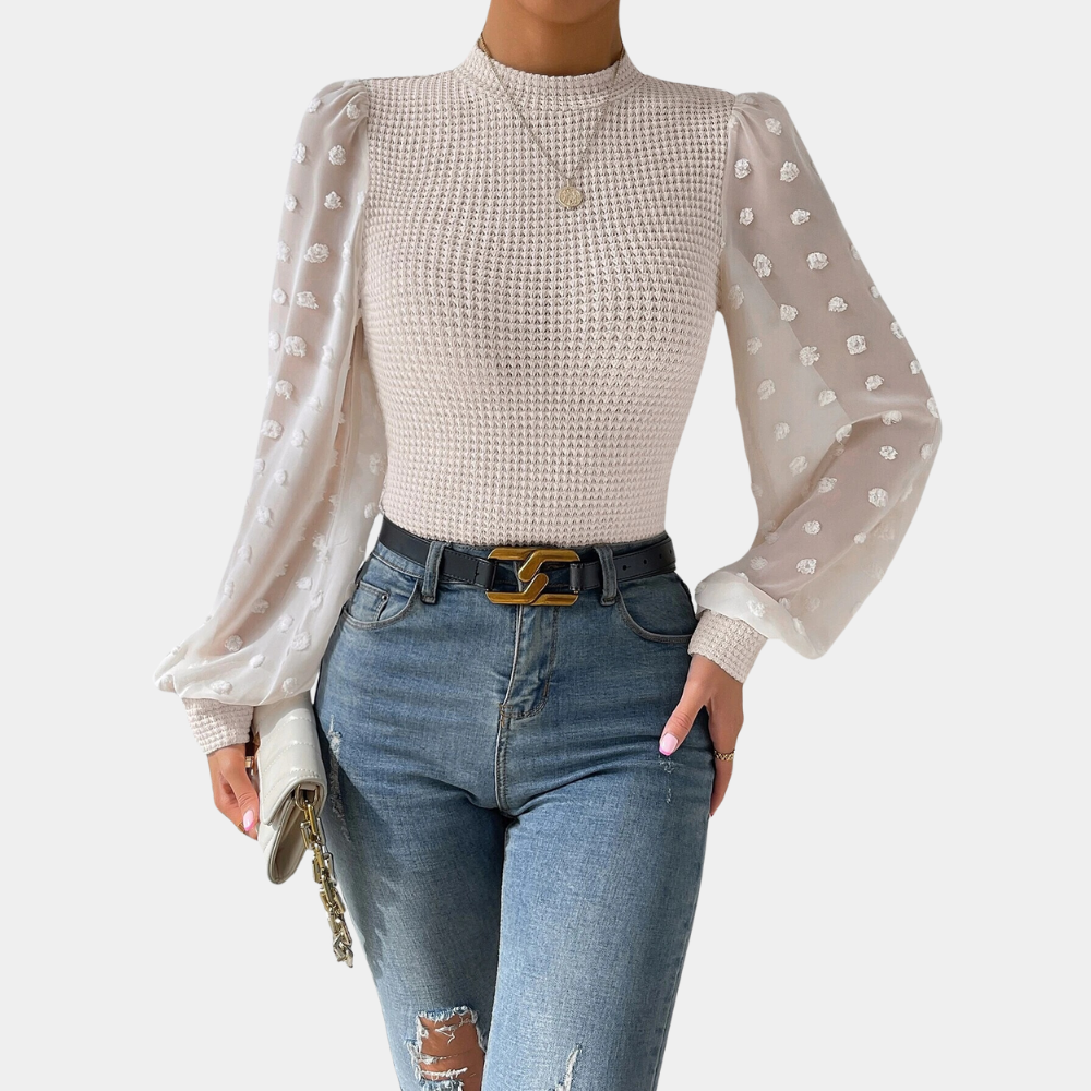 Martha™ Women’s Knit Blouse – Sheer Puff Sleeves High Neck | Dripiume