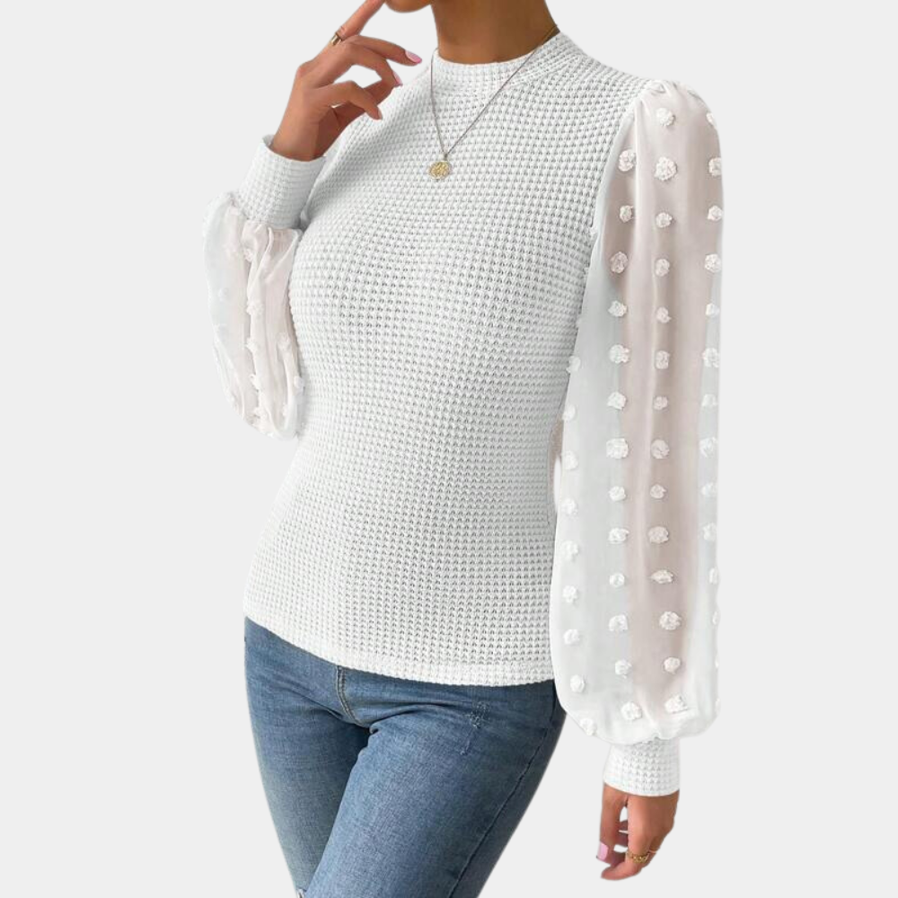 Martha™ Women’s Knit Blouse – Sheer Puff Sleeves High Neck | Dripiume